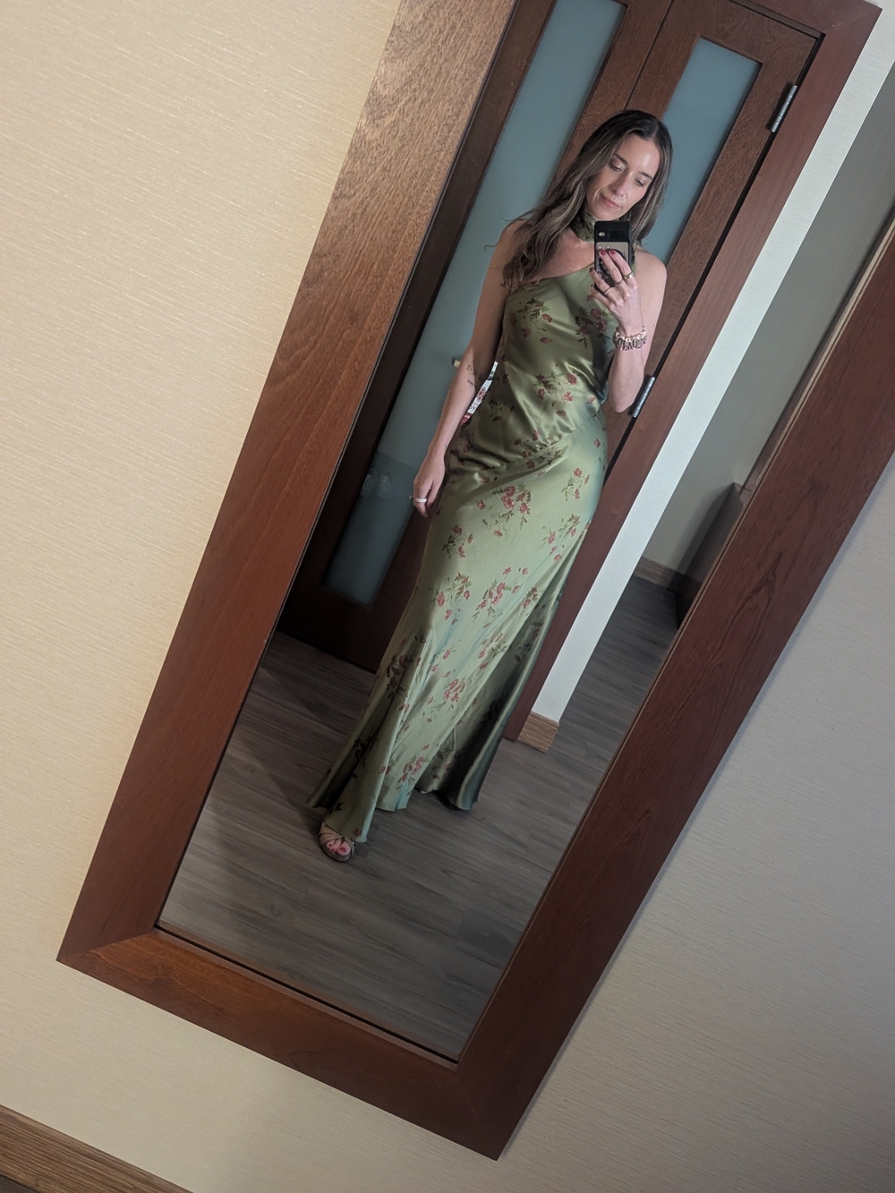 Reformation Olive Green Floral One-Shoulder Satin Gown